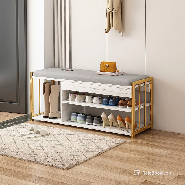 Entryway Sofa Bench With Gray Upholstered Cushion Gold Metal Frame And Shoe Storage Shelves 3d model 
