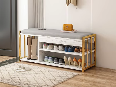 Entryway Sofa Bench With Gray Upholstered Cushion Gold Metal Frame And Shoe Storage Shelves 3d model