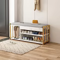 Entryway Sofa Bench With Gray Upholstered Cushion Gold Metal Frame And Shoe Storage Shelves
