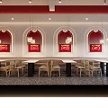 Modern Restaurant Interior Design With Wooden Tables Hanging Lamps And Red Wall Decor