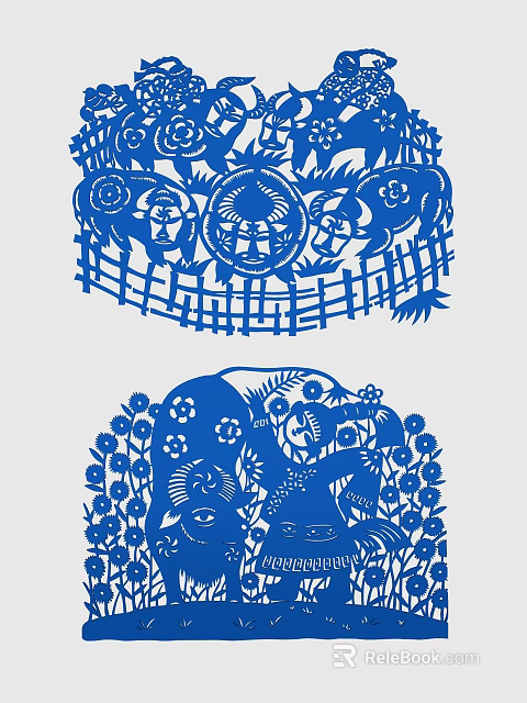 Traditional Blue Paper Cut Wall Decor With Animals Flowers And Fence Design 3d model 