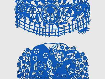 Traditional Blue Paper Cut Wall Decor With Animals Flowers And Fence Design 3d model