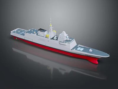 Modern Warship 3D Model With Grey Hull Red Bottom Superstructure Antenna Deck On Reflective Surface 3d model