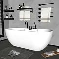 Modern White Freestanding Bathtub in Bathroom with Towel Rack Shelves Bath Products Mat and Slippers