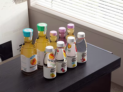 Various Bottled Drinks With Colorful Caps And Assorted Fruit Flavors On Table 3d model