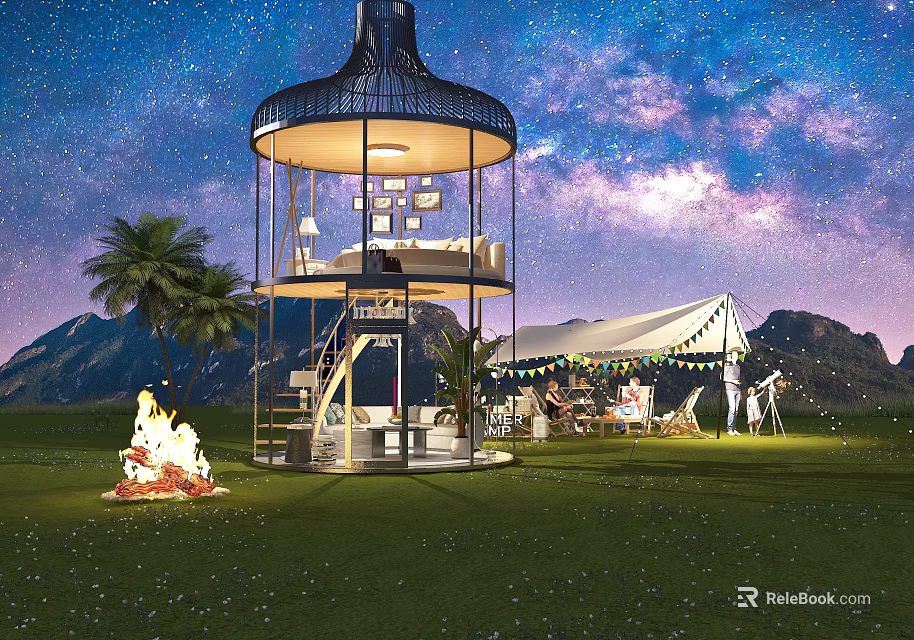 Starry Sky Two Story Circular Guesthouse on Grassland With Palm Trees Tent Bonfire and Mountains 3d model 