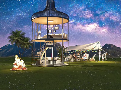 Starry Sky Two Story Circular Guesthouse on Grassland With Palm Trees Tent Bonfire and Mountains 3d model