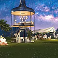 Starry Sky Two Story Circular Guesthouse on Grassland With Palm Trees Tent Bonfire and Mountains