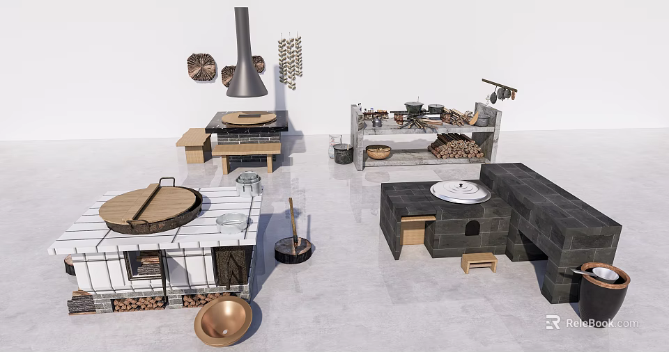 Traditional Kitchen Interior Design With Wooden Cabinets And Cooking Elements 3d model