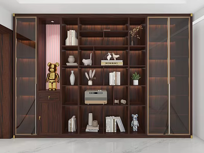 Dark Brown Wooden Bookcase With Glass Doors Interior Featuring Books Decorations Green Plants And Radio 3d model