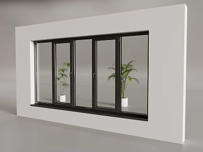 Modern Black Frame Casement Windows In White Wall With Green Potted Plants 3d model