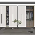 Modern White Wardrobe Design With Glass Doors Hanging Clothes And Decorative Plant