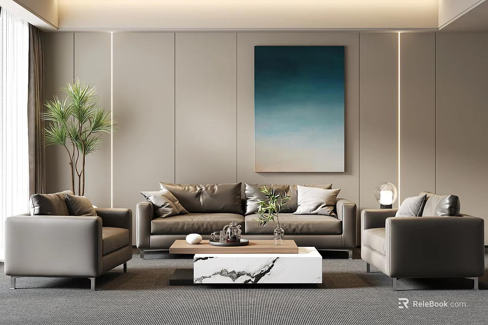 Modern Sofa And Coffee Table Set With Marble Top Armchairs Potted Plant And Wall Painting 3d model 