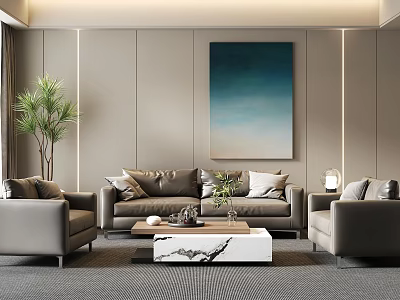 Modern Sofa And Coffee Table Set With Marble Top Armchairs Potted Plant And Wall Painting 3d model