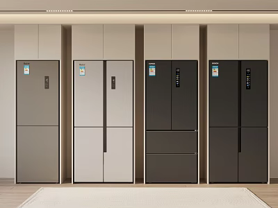 Modern Showroom Interior With Multiple Refrigerators In Different Colors And Styles 3d model