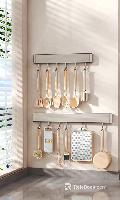Kitchen Utensil Set Hanging On Wall Mounted Racks With Various Cooking Tools 3d model