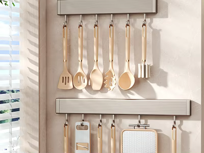 Kitchen Utensil Set Hanging On Wall Mounted Racks With Various Cooking Tools 3d model