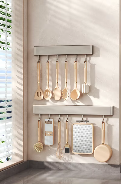Kitchen Utensil Set Hanging On Wall Mounted Racks With Various Cooking Tools 3d model