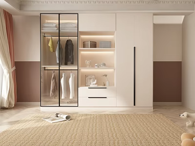 Modern Wardrobe Design With Glass Doors Hanging Clothes And Storage Shelves 3d model