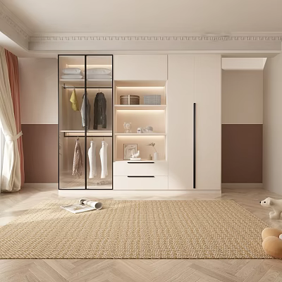 Modern Wardrobe Design With Glass Doors Hanging Clothes And Storage Shelves 3d model