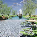 Scenic Waterfront Landscape With Willow Trees Sailing Boat Wooden Bridge And Lotus Leaves