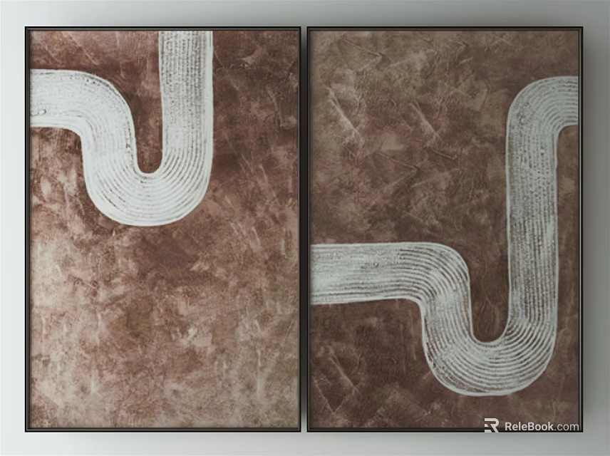 Two Panel Abstract Wall Art With Brown Background And White Curved Patterns 3d model