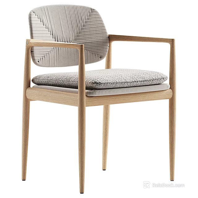 Minimalist Leisure Chair With Wooden Armrests And Striped Fabric Seat Cushion 3d model 