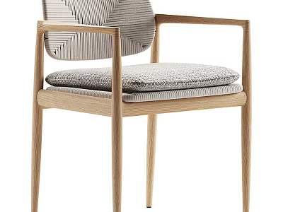 Minimalist Leisure Chair With Wooden Armrests And Striped Fabric Seat Cushion 3d model
