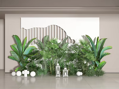 Tropical Indoor Plant Combination With Large Leaves Decorative Lanterns And White Ornaments 3d model