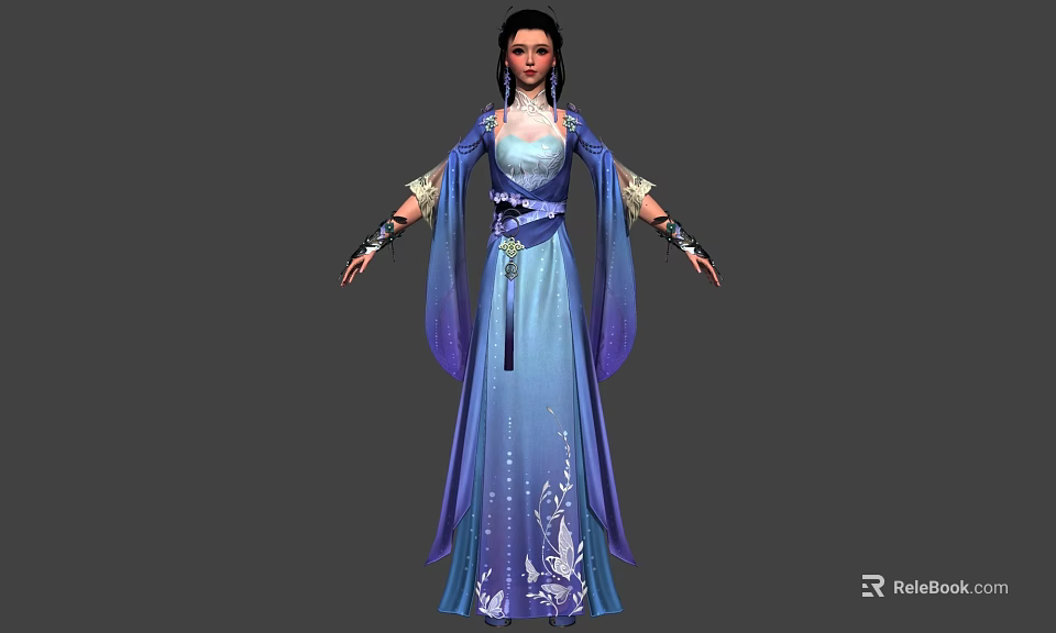 Game and Movie Character in Blue Traditional Dress with Flowing Sleeves and Floral Patterns 3d model 