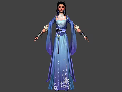 Game and Movie Character in Blue Traditional Dress with Flowing Sleeves and Floral Patterns 3d model