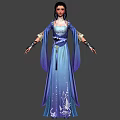 Game and Movie Character in Blue Traditional Dress with Flowing Sleeves and Floral Patterns