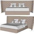 Elegant Modern Double Bed With Tufted Beige Headboard And White Bedding Pillows 3d model