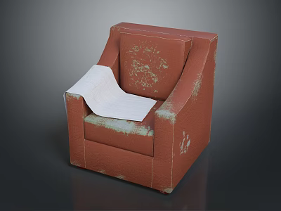 Red Worn Armchair With Peeling Surface And White Cloth On Seat 3d model