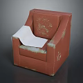 Red Worn Armchair With Peeling Surface And White Cloth On Seat