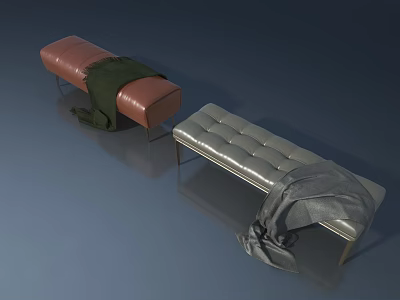 Two Brown And Gray Leather Benches With Metal Legs Green And Gray Blankets Dark Background 3d model