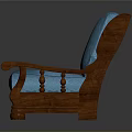 Three Seat Blue Sofa With Patterned Cushions Wooden Armrests And Base