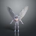 Shiny Metallic Silver Winged Humanoid Sculpture With Detailed Muscles And Outstretched Wings