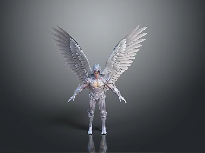 Shiny Metallic Silver Winged Humanoid Sculpture With Detailed Muscles And Outstretched Wings 3d model