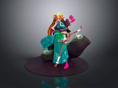 Fantasy Game Movie Character With Orange Long Hair Headdress Blue Green Outfit And Bow 3d model