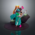 Fantasy Game Movie Character With Orange Long Hair Headdress Blue Green Outfit And Bow