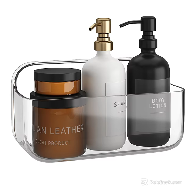 Bathroom Daily Care Essentials with Shampoo Body Lotion and Jar in Transparent Tray 3d model 