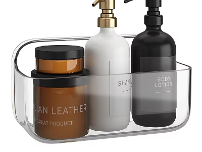 Bathroom Daily Care Essentials with Shampoo Body Lotion and Jar in Transparent Tray 3d model