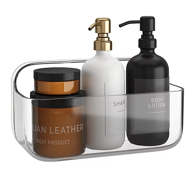 Bathroom Daily Care Essentials with Shampoo Body Lotion and Jar in Transparent Tray 3d model