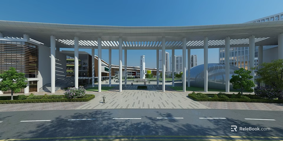 Modern Entrance Gate With White Columns Open Structure And Plaza Area 3d model 