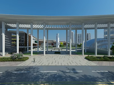 Modern Entrance Gate With White Columns Open Structure And Plaza Area 3d model