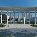 Modern Entrance Gate With White Columns Open Structure And Plaza Area