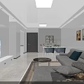 Modern Living And Dining Room Interior With Sofa Dining Table Decorative Paintings And Curtains