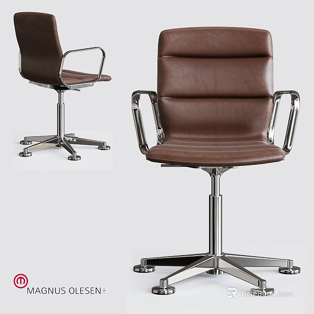 Modern Brown Leather Single Chair With Metal Armrests And Silver Five-Pointed Base 3d model 