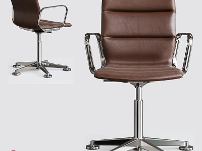 Modern Brown Leather Single Chair With Metal Armrests And Silver Five-Pointed Base 3d model